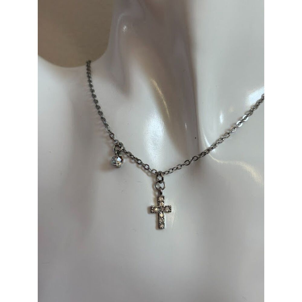Silver-Tone Cross Necklace W/Rhinestone Pendant